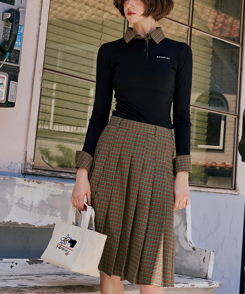 KANDINI Check Midi Pleated Skirt - Navy