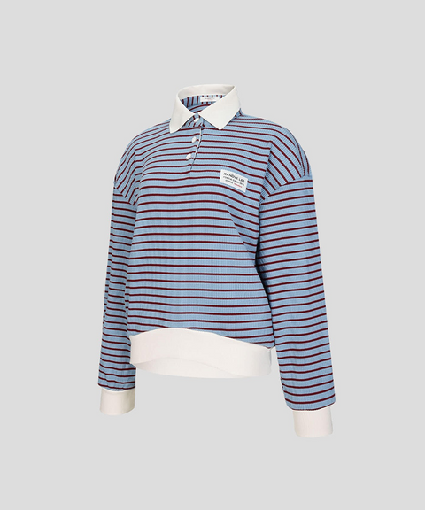 KANDINI Ribbed Stripe Polo Top - Blue