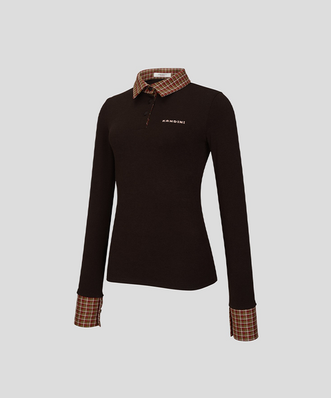 KANDINI Soft Touch Check Collar Tee - Brown