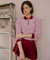 KANDINI Striped Puff Sleeve Zip-up Polo Shirt (Long Sleeve) - Wine