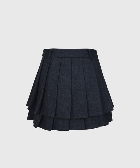 KANDINI Wool Tiered Pleated Skirt - Navy