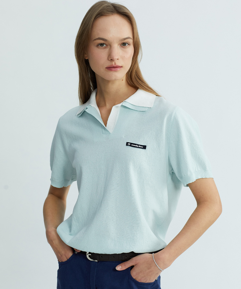 Monday Flow Breeze Color Block Collar Knit - Light Blue