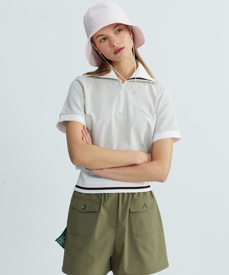 Monday Flow Women's Wide Collar Zip-Up Top - Light Beige