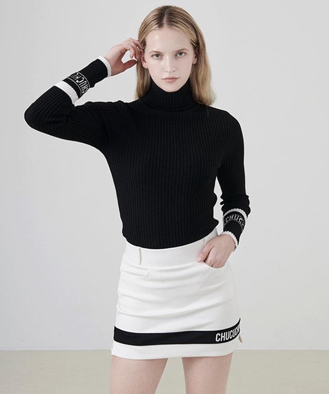 CHUCUCHU High-Neck Ribbed Knit Top - Black