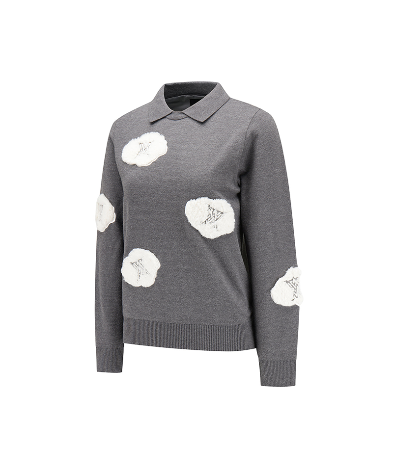 A gray knit polo sweater with white cloud-shaped patches featuring spider silhouettes, displayed on a clean white background.