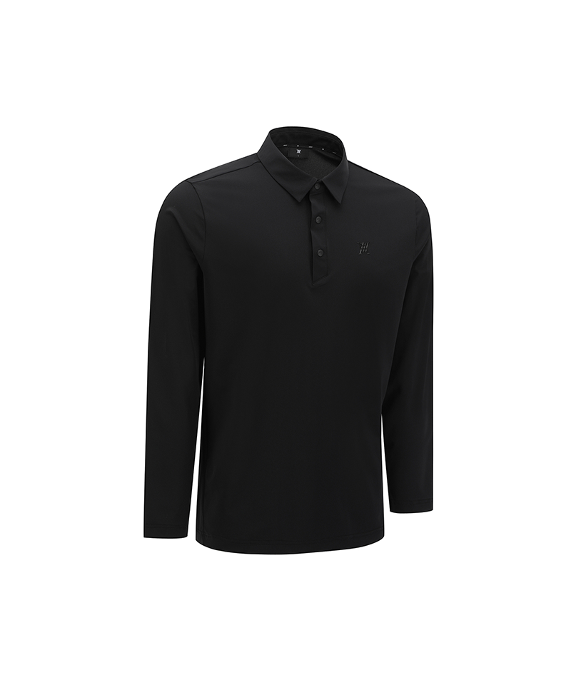 Men’s black solid long sleeve collar golf t-shirt, detail view