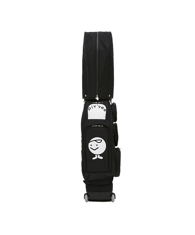 A black rolling golf bag with a white 'GIV VEE' logo patch and a cartoon face graphic on the front pocket, shown against a plain white background.