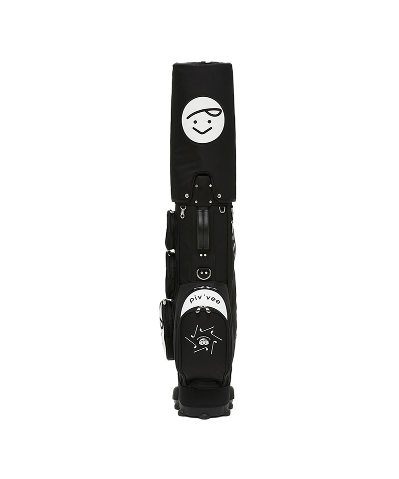A black golf bag with white graphic logos and a smiley face design, shown vertically against a plain white background.