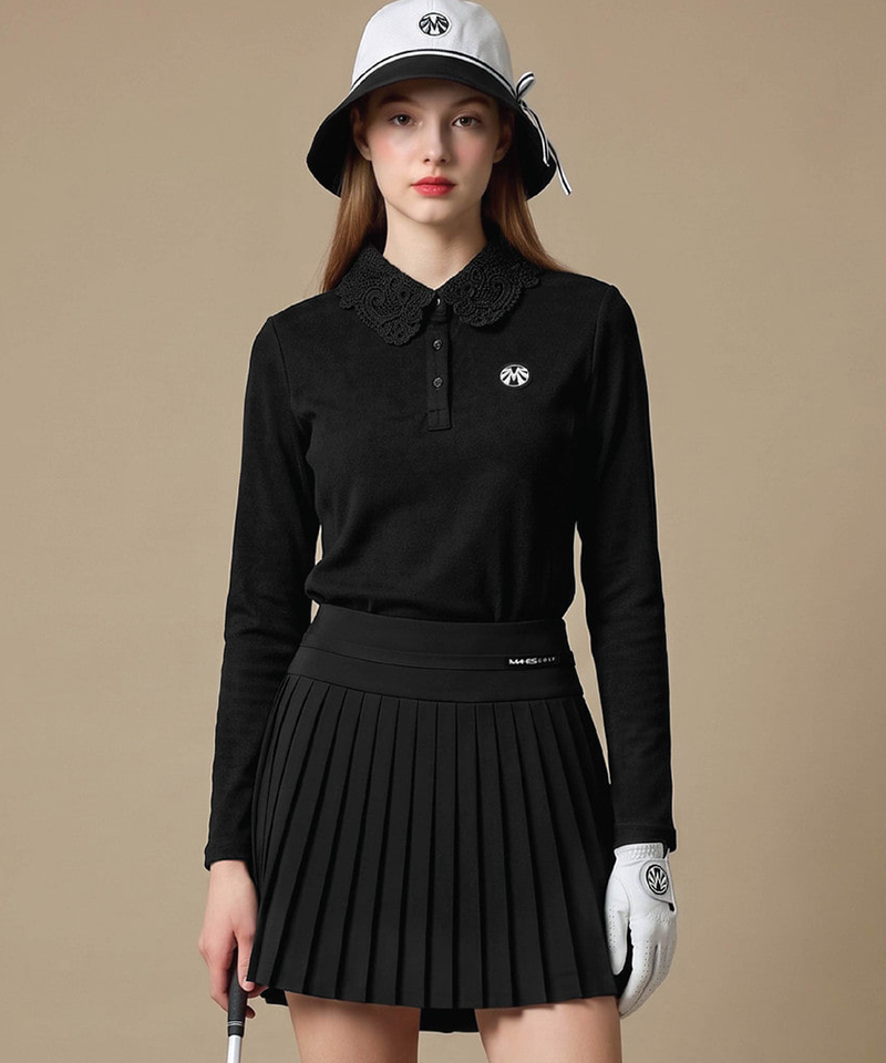 Lace collar detail T-shirt and back-dropping pleated skirt set (Top + Bottom) - Black