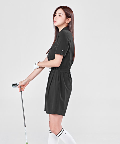 XEXYMIX Golf Comfy Woven String Zip-Up Jumpsuit - Black