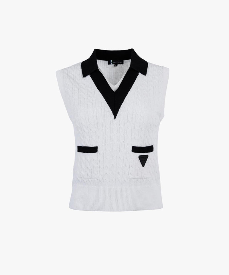CREVE NINE: V-Neck Cable Vest - White