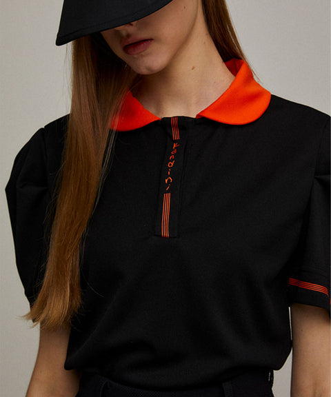 KANDINI Color Round Polo Shirts With Puff Sleeve - Orange