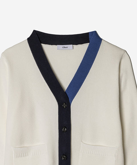 OBER Golf Sleeve Point V-Neck Cardigan - Ivory