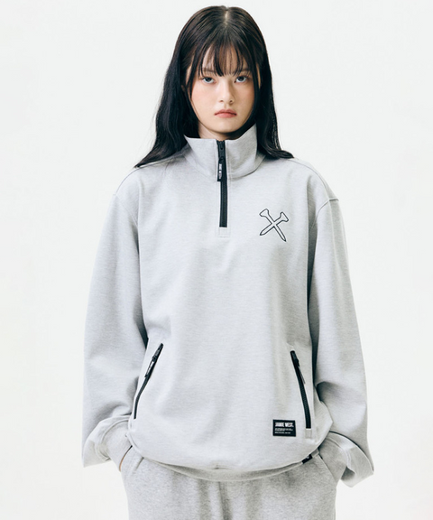 Jamie West High-Neck Half Zip-up Pocket Sweatshirts - Grey
