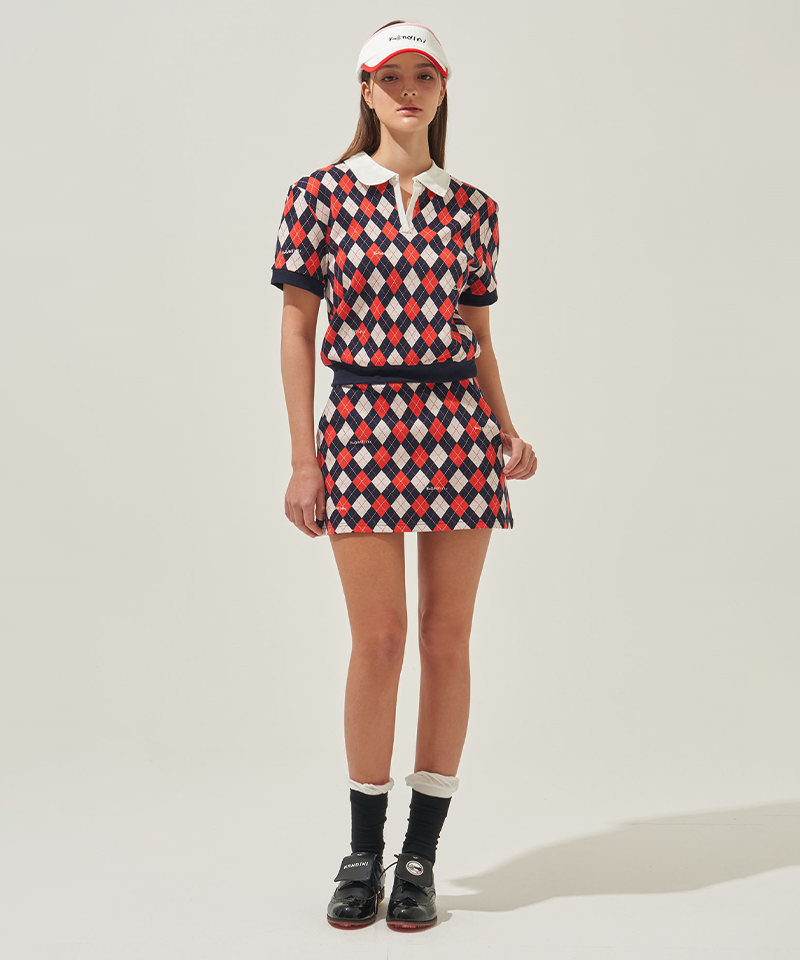 KANDINI Argyle Jacquard Skirt - Red/Navy