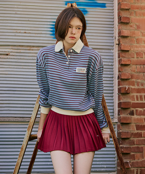 KANDINI Ribbed Stripe Polo Top - Blue