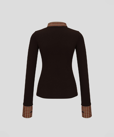 KANDINI Soft Touch Check Collar Tee - Brown
