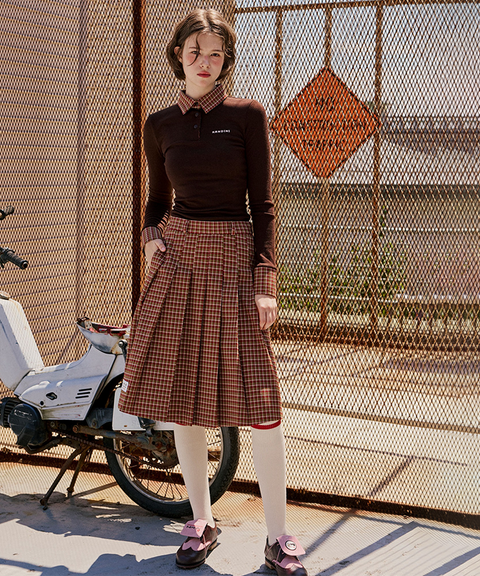 KANDINI Soft Touch Check Collar Tee - Brown
