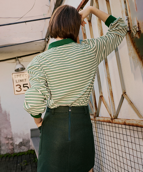 KANDINI Striped Puff Sleeve Zip-up Polo Shirt (Long Sleeve) - Green