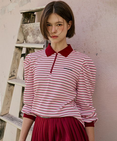 KANDINI Striped Puff Sleeve Zip-up Polo Shirt (Long Sleeve) - Wine