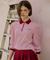 KANDINI Striped Puff Sleeve Zip-up Polo Shirt (Long Sleeve) - Wine