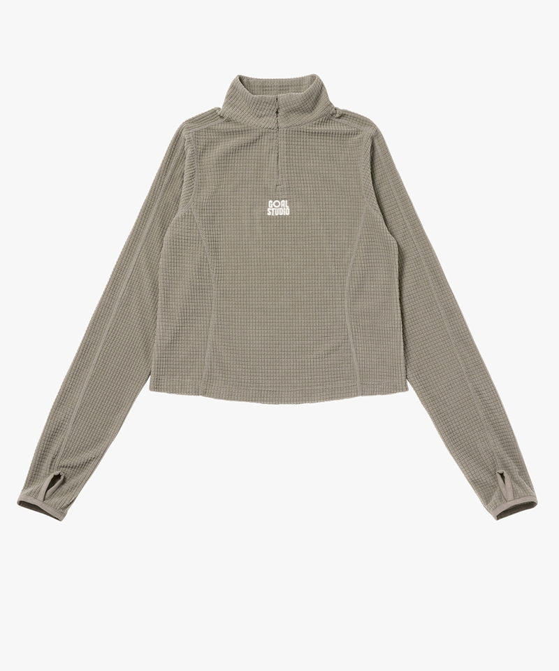 Goal Studio Women's Grid Fleece Quarter Zip-Up Tee - Dark Beige