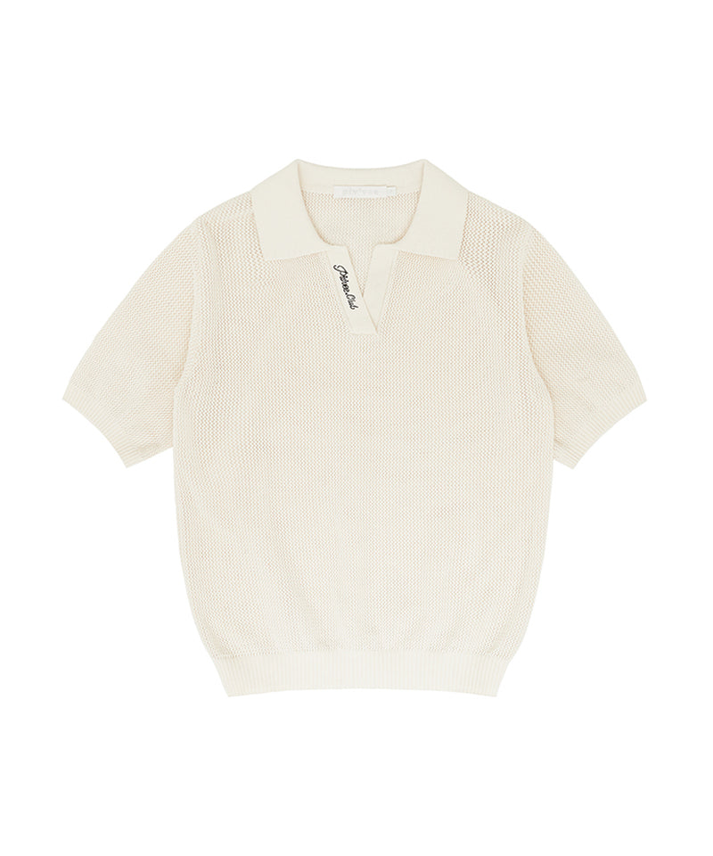 PIV'VEE Club Open Collar Knit Top - Sand Beige