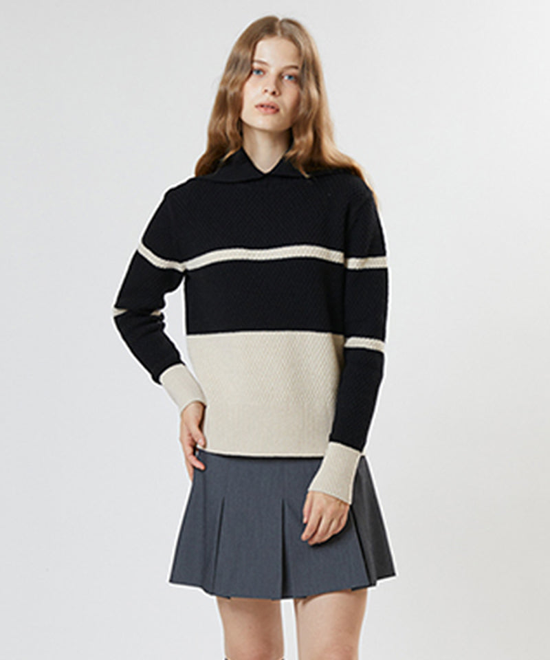 AVEN Color Block Collar Pullover - Black