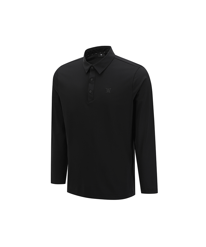 Men’s black solid long sleeve collar golf t-shirt, side view