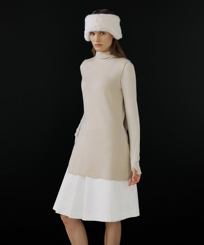 Anell Golf Scarf Slit Knit Dress - Beige