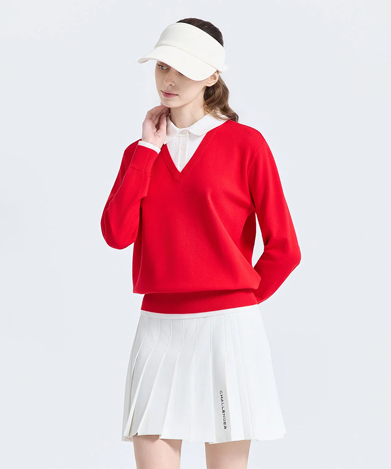 Challenger Women's Layered Double Collar Knit Pullover - Red