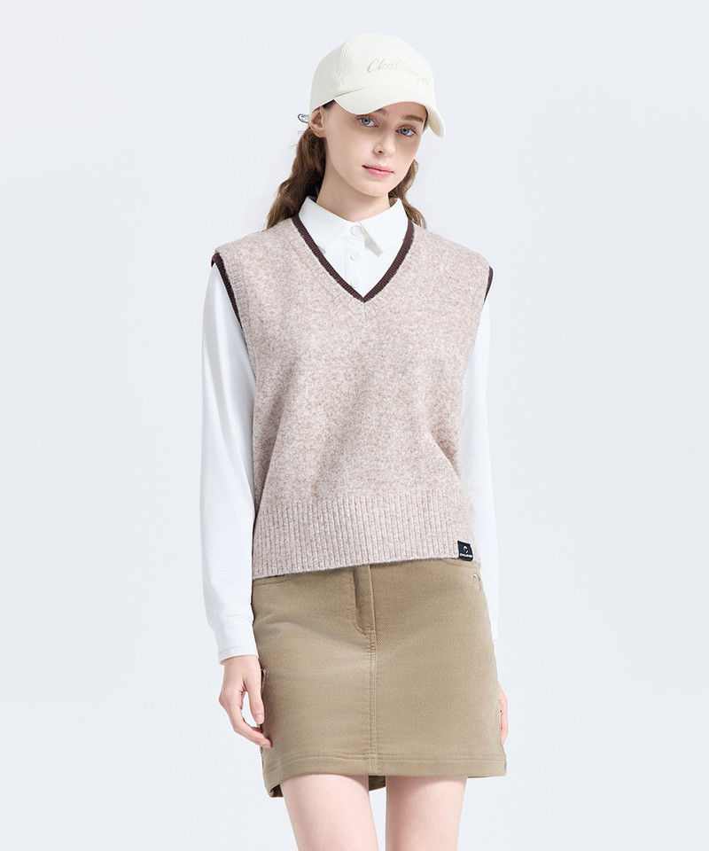 Challenger Women's Layered Color Block V-Neck Knit Vest - Beige