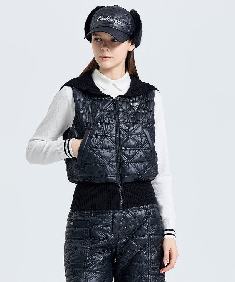 Challenger Women's Knit Wide Collar Quilted Vest - Black