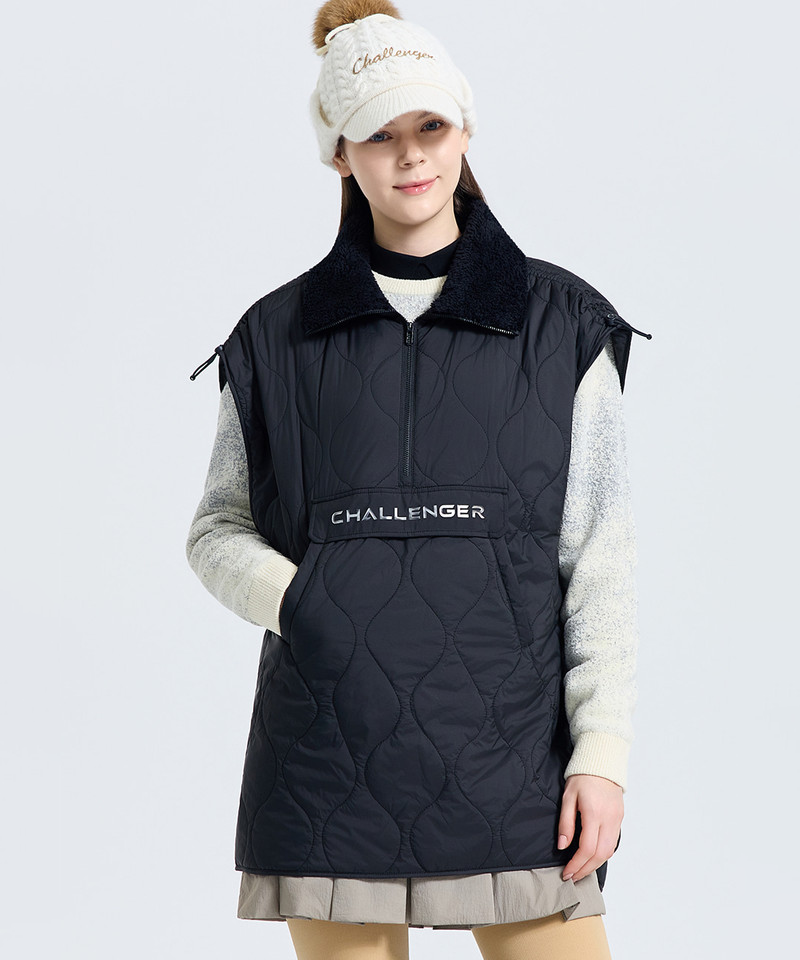 Challenger Women's High-Neck Oversized Half-Zip Quilted Vest - Black