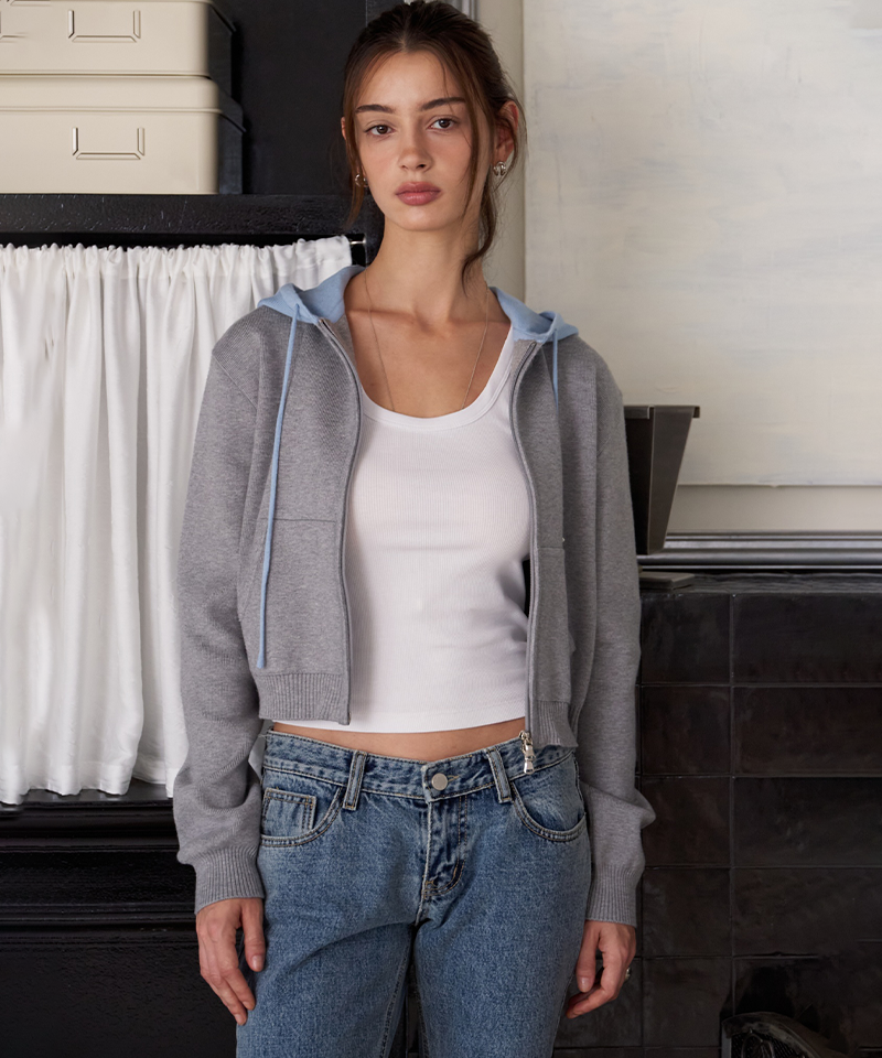 PIV'VEE Two-tone Hooded Knit Zip-up Jumper - Heather Gray