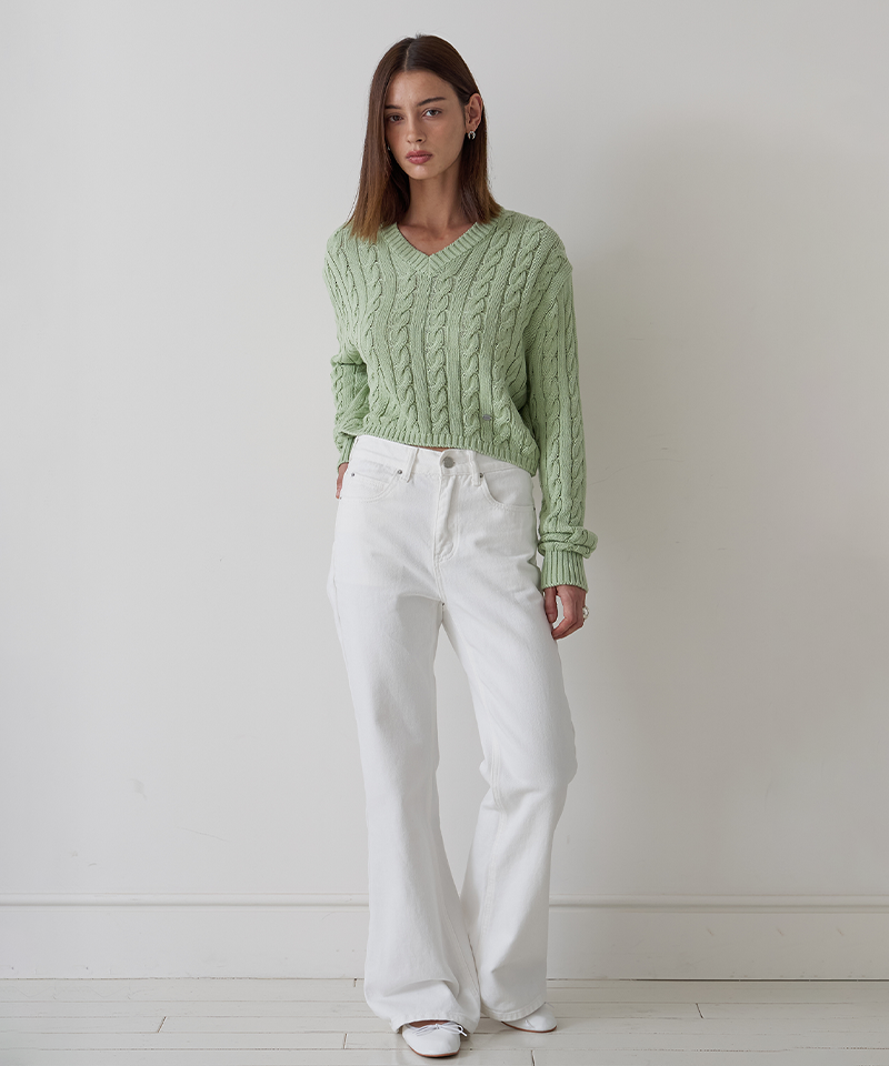 Piv'vee V Neck Cable Knit Top - Pistachio Mint