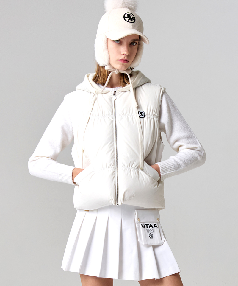 UTAA Women's Cloud Knit Hood Layered Down Vest - White