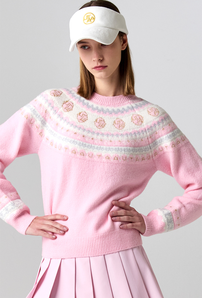 UTAA Women's Rosy Color Fair Isle Wool Blended Knit Pullover - Light Pink