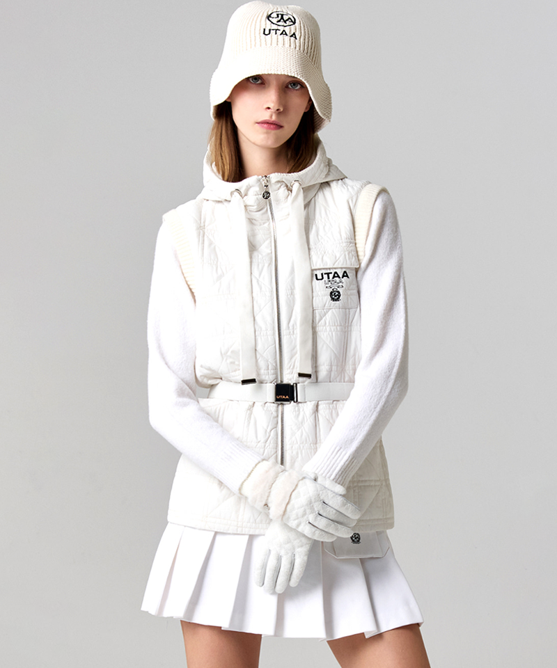 UTAA Women's Crown Knit Mix Hoodie Quilting Padding Vest - White