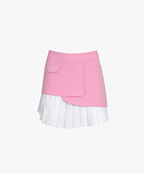 CREVE NINE: Logo Color Combination Point Pleated Skirt - Pink