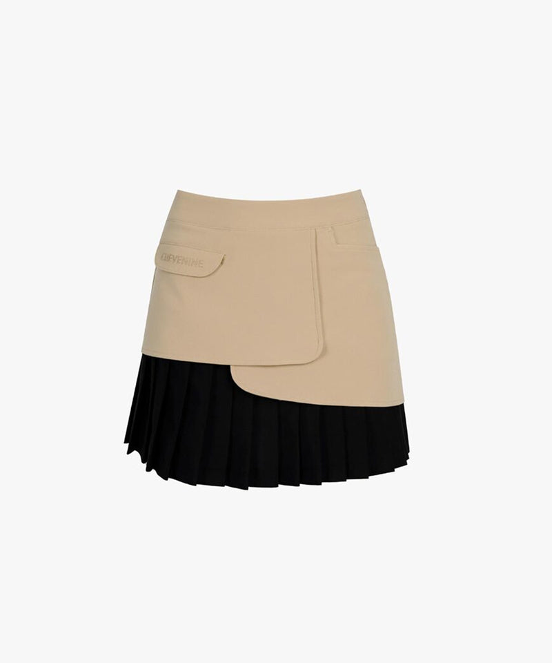CREVE NINE: Logo Color Combination Point Pleated Skirt - Beige