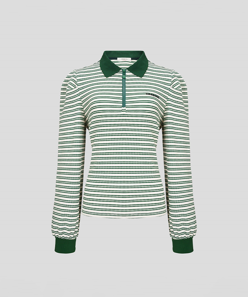 KANDINI Striped Puff Sleeve Zip-up Polo Shirt (Long Sleeve) - Green
