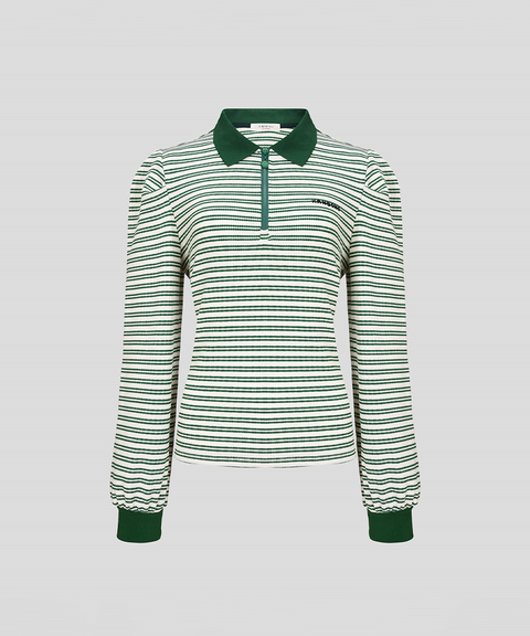 KANDINI Striped Puff Sleeve Zip-up Polo Shirt (Long Sleeve) - Green