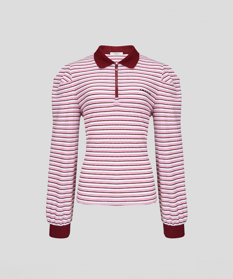 KANDINI Striped Puff Sleeve Zip-up Polo Shirt (Long Sleeve) - Wine