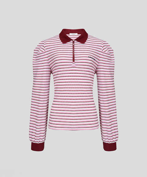 KANDINI Striped Puff Sleeve Zip-up Polo Shirt (Long Sleeve) - Wine