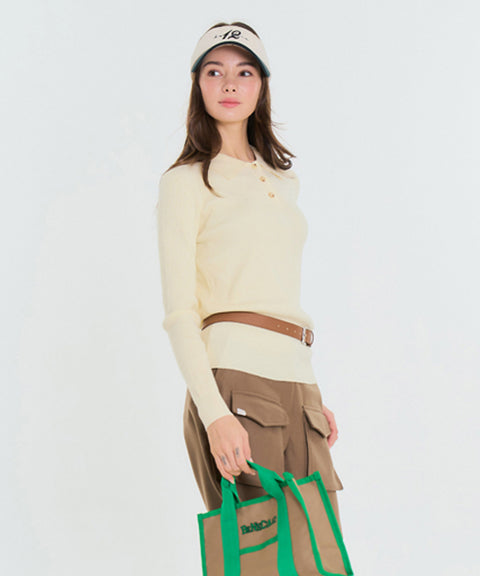 BENECIA 12 Ribbed Collar Button Knit - Ivory