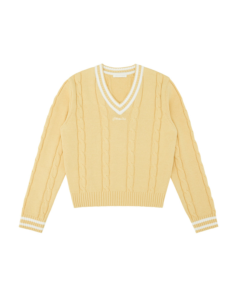 PIV'VEE Cable Knit V-Neck Sweater - Mist Yellow