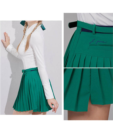 J.Jane Unbalanced Belt Pleats Skirt - Green