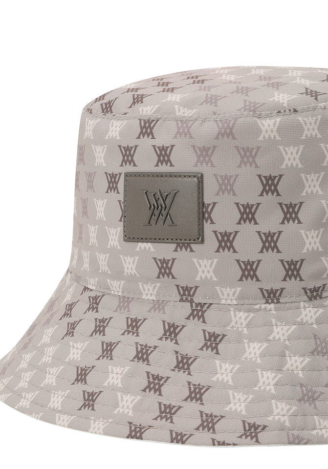 White logo mosaic reversible bucket golf hat, styling view