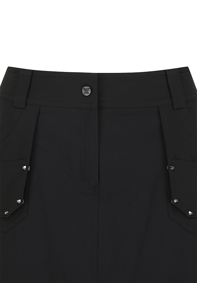 Women’s black fabric mix cargo golf skirt, styling view